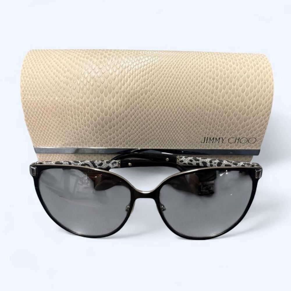 Jimmy-choo Women's Black Cat Eye Sunglasses with Sparkly Leopard Print Sides